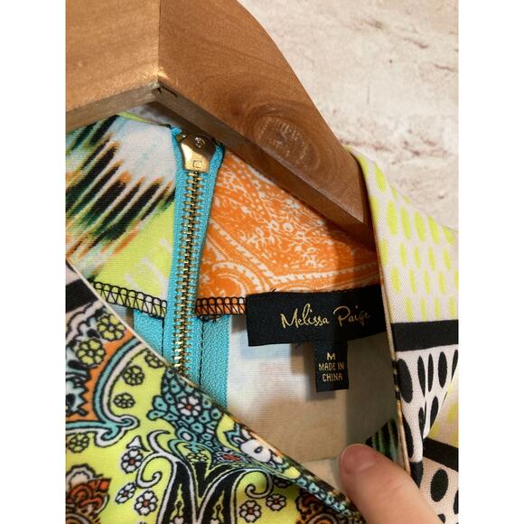 Melissa Paige Dress Womens Medium Sheath Pastel Mixed Print High Neck Stretch - Picture 4 of 16